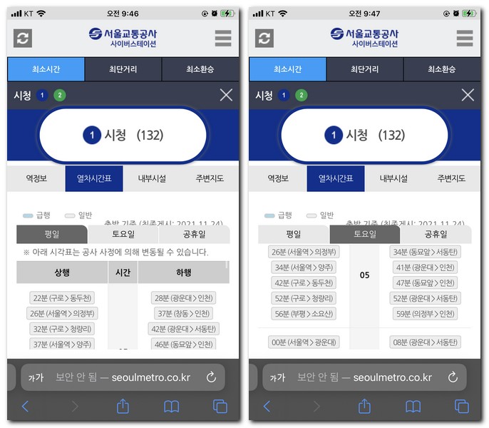 구간별 열차시간표