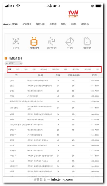 tvN 스토리 채널 번호