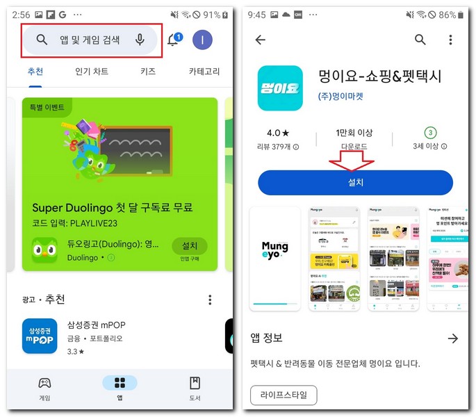 멍이요 펫택시 기사용 앱 설치 휴대폰 어플 까는 방법
