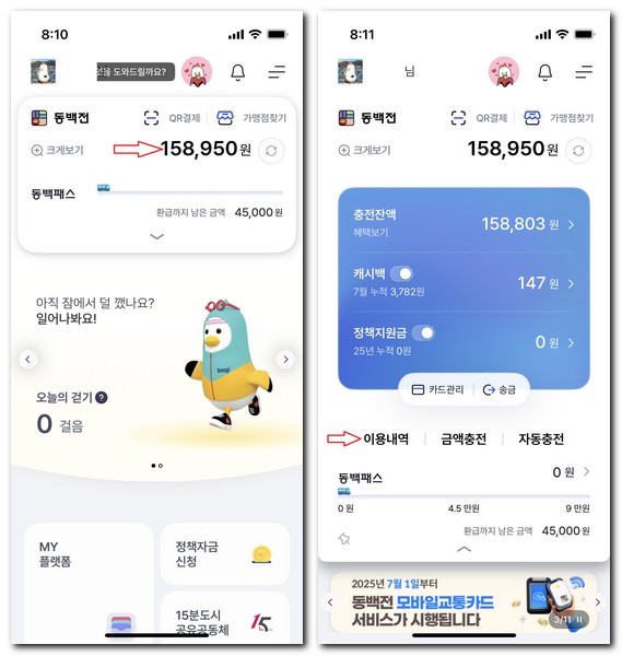 동백전 잔액조회 사용내역확인 방법